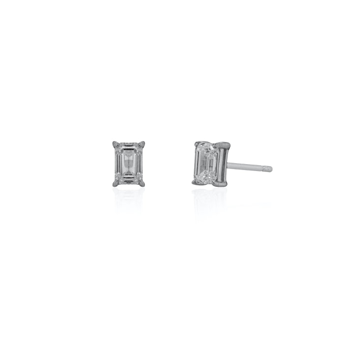 Sterling Silver Rhodium Plated Emerald Cut Lab Diamond TCW 1.0ct 4 Prong Setting Solitaire Stud Earrings