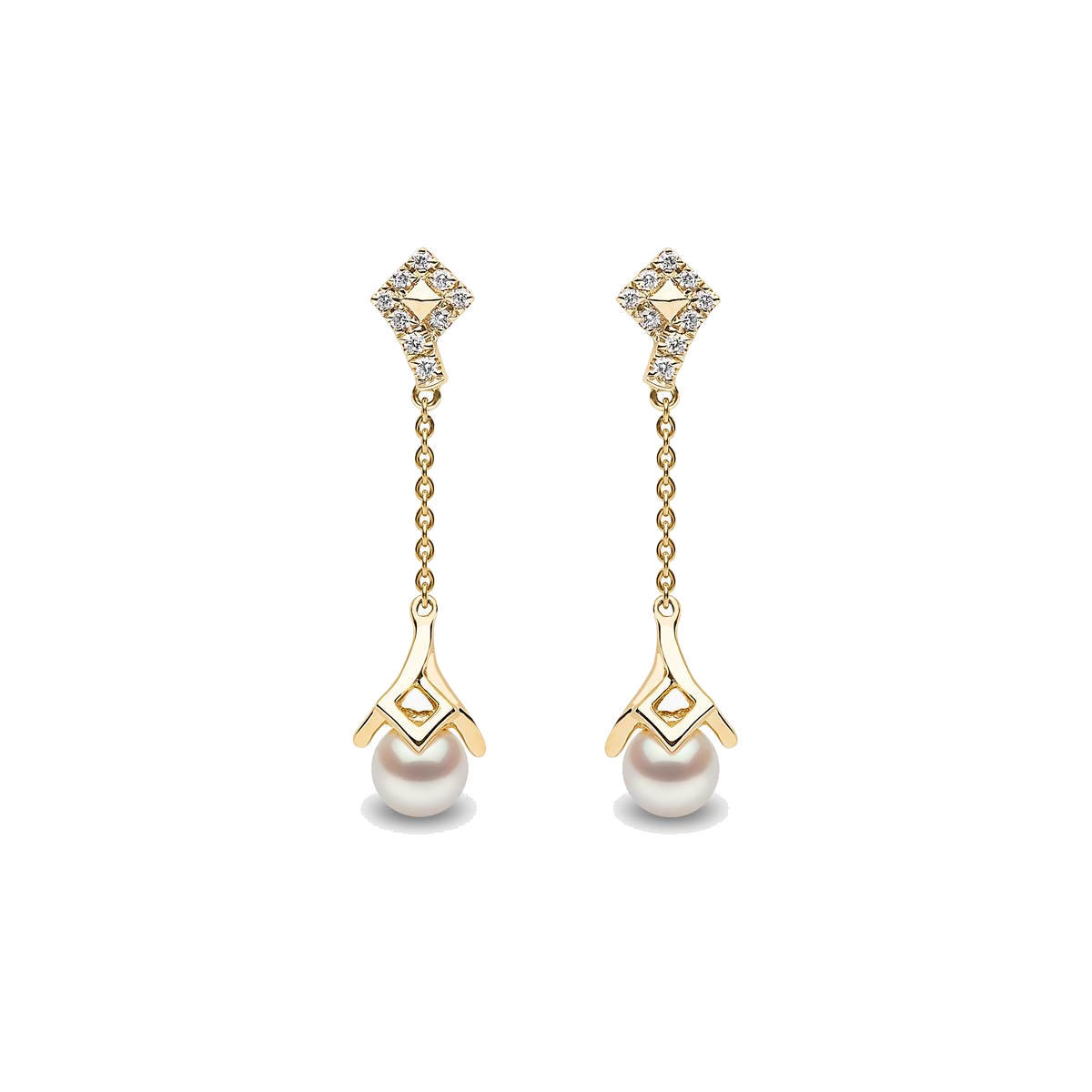 Trend 18K Gold Freshwater Pearl and Diamond Motif Chain Drop Earrings White Freshwater