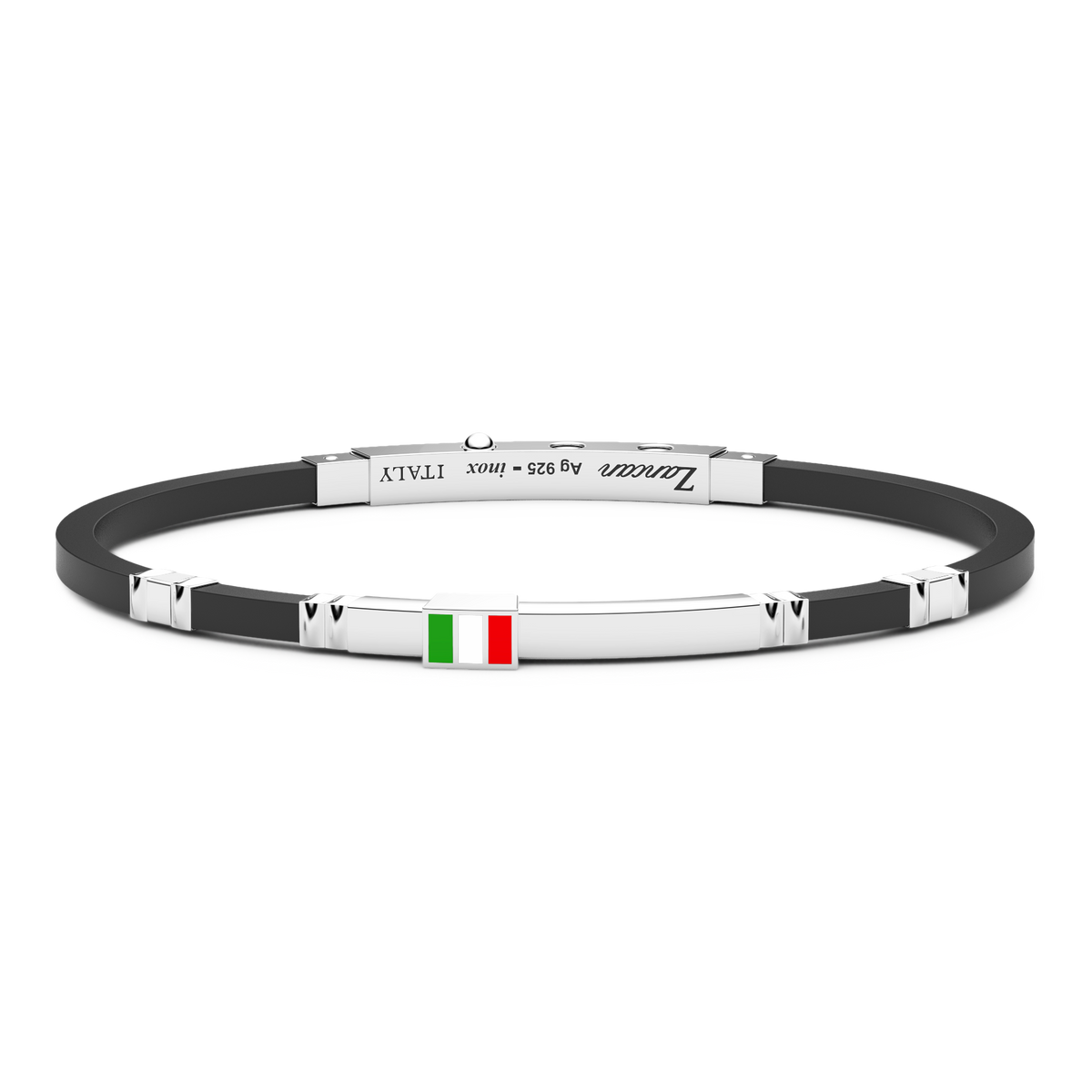 Black Silicone Bracelet with Silver Tag and Italian Flag