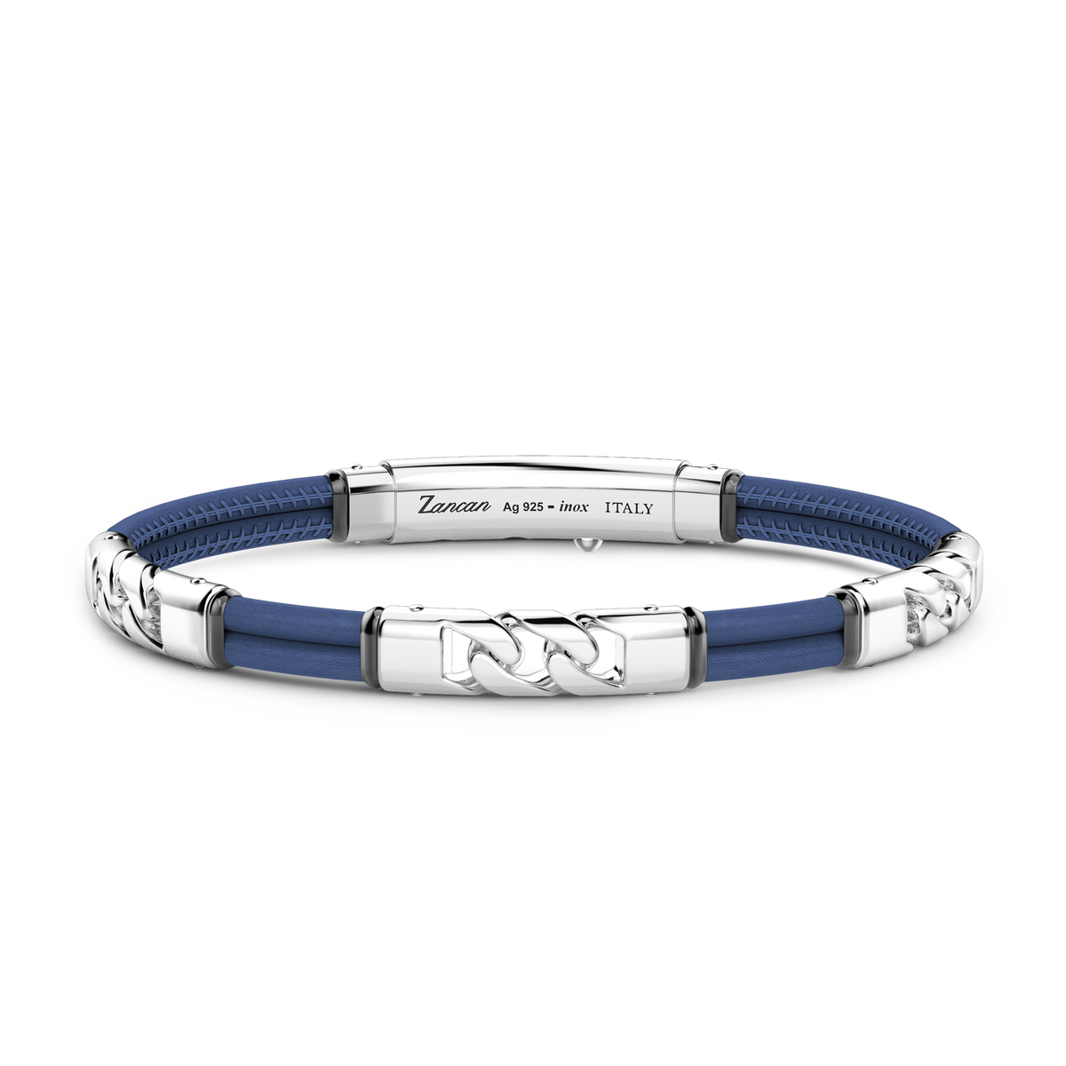 Blue Natural Leather Bracelet with Silver Elements