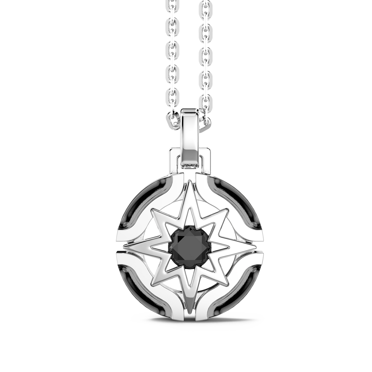 Silver Necklace with Wind Rose Pendant & Black Stone