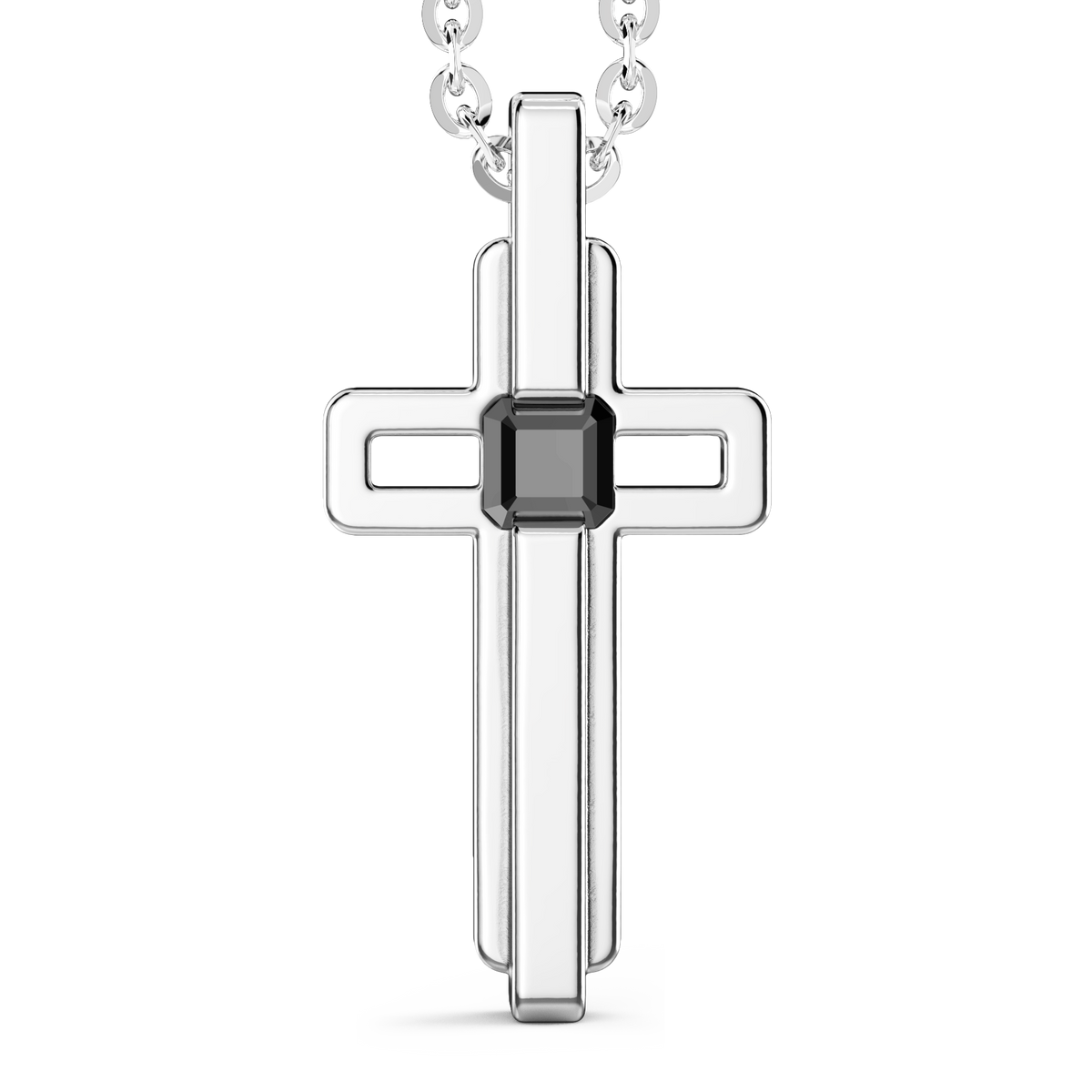 Steel Necklace with Cross and Black Stone