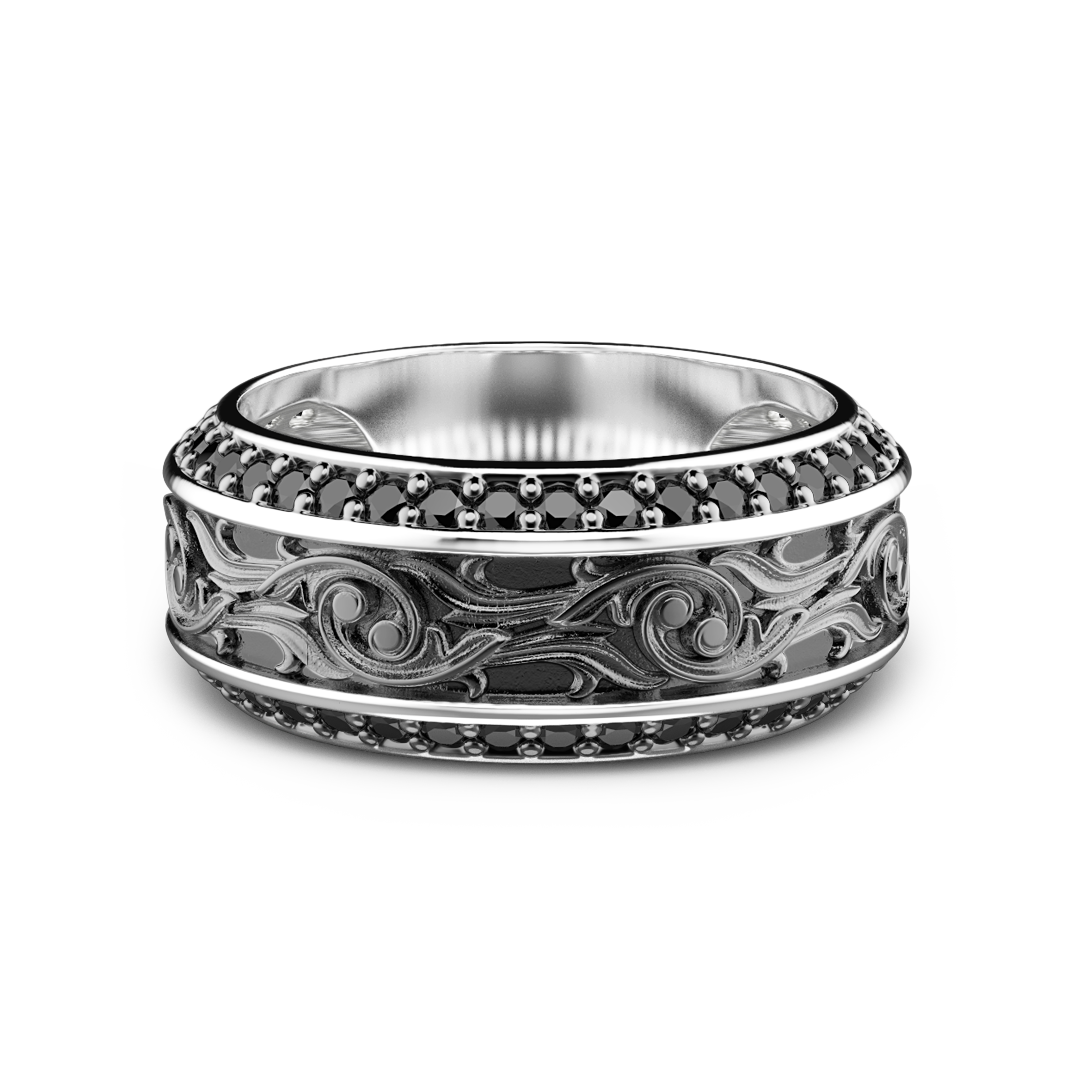Silver Band Ring with Black Stones