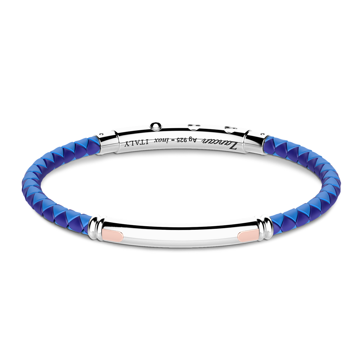 Blue Silicone Bracelet with Silver Tag & Rose Gold Details