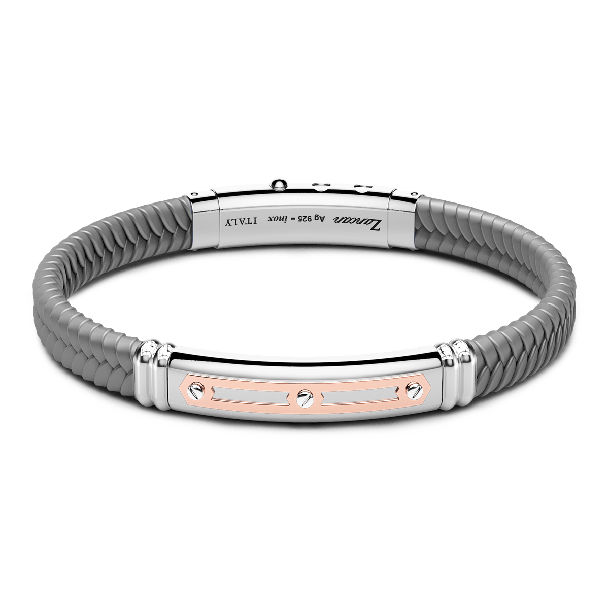 Gray Silicone Bracelet with Silver Tag & Rose Gold Details