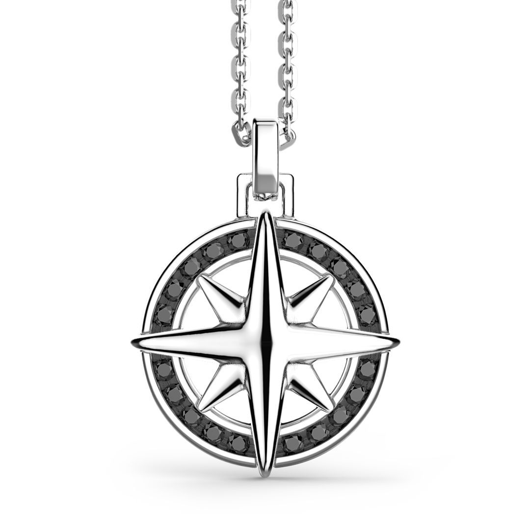 Silver Necklace with Wind Rose pendant & Black Stones