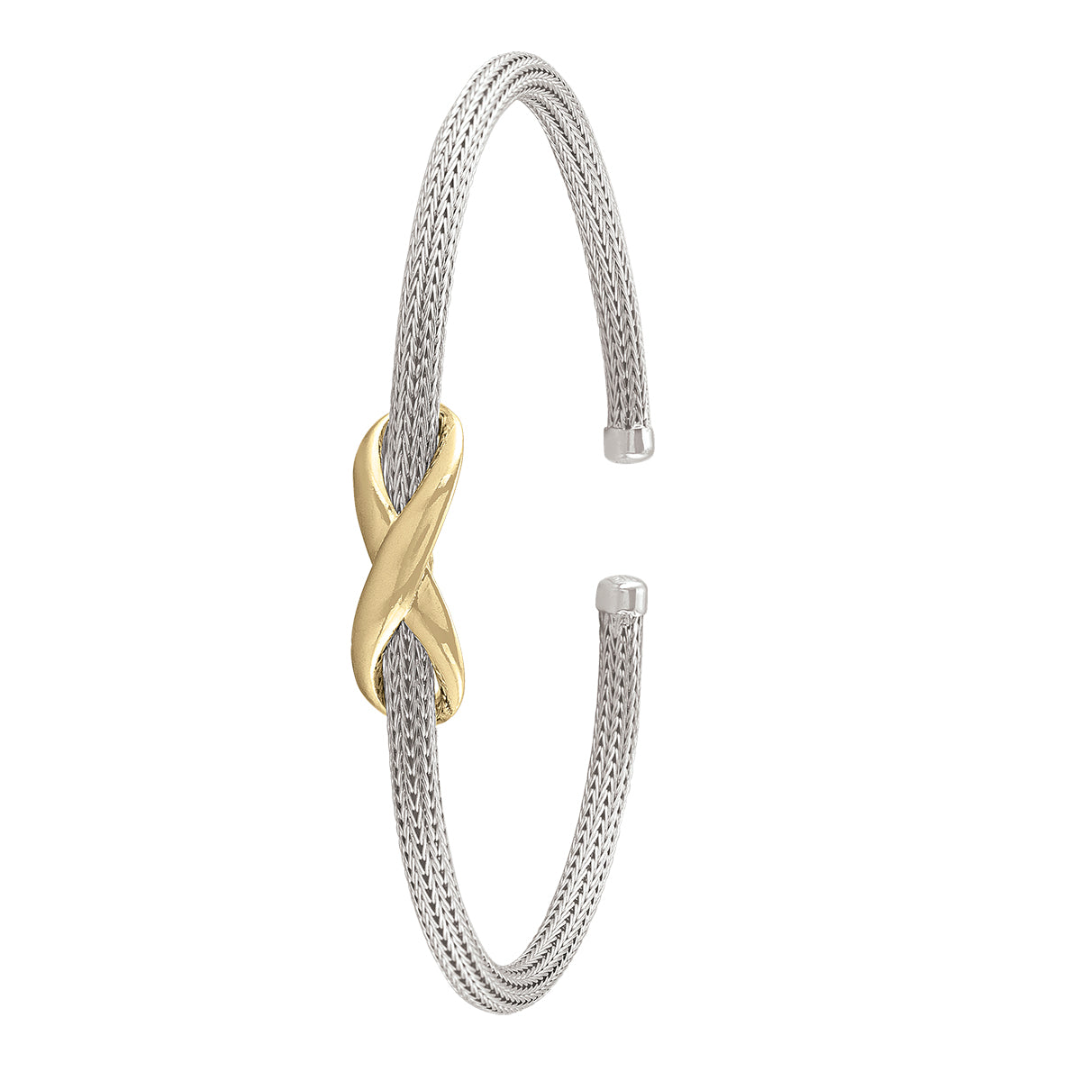 STERLING SILVER YELLOW GOLD AND RHODIUM "X" BANGLE