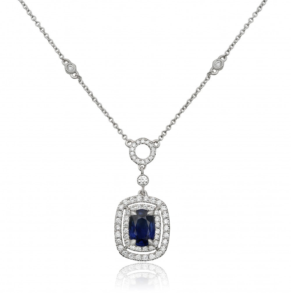 Double Halo Sapphire Drop Necklace