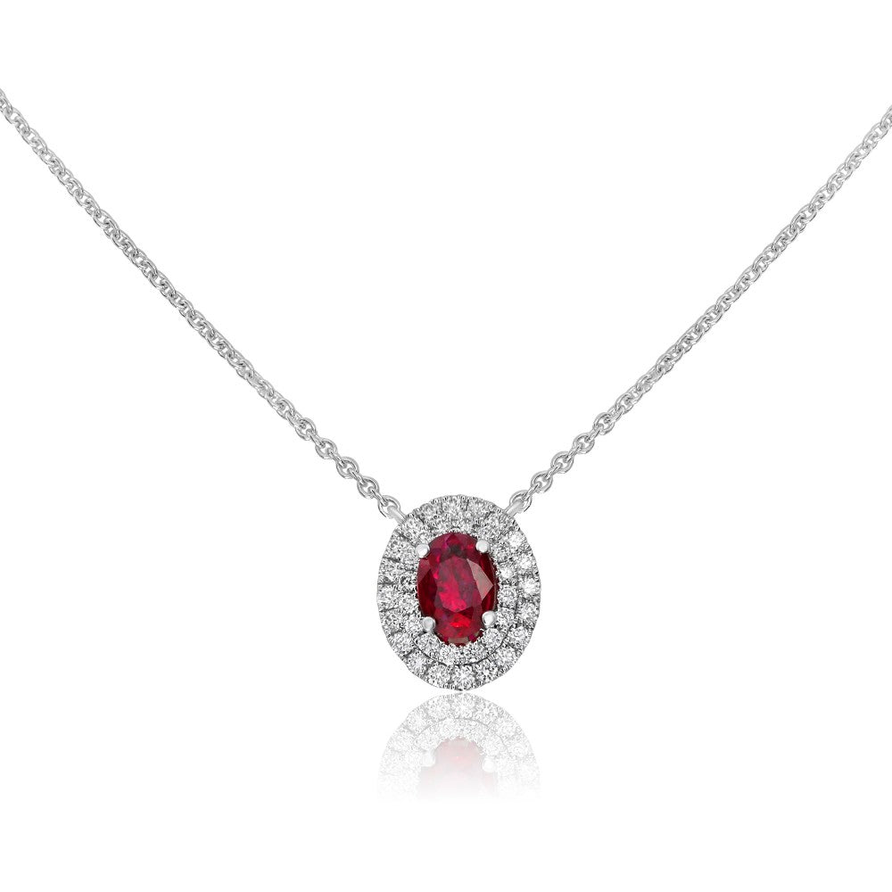 Oval Ruby Double Halo Necklace