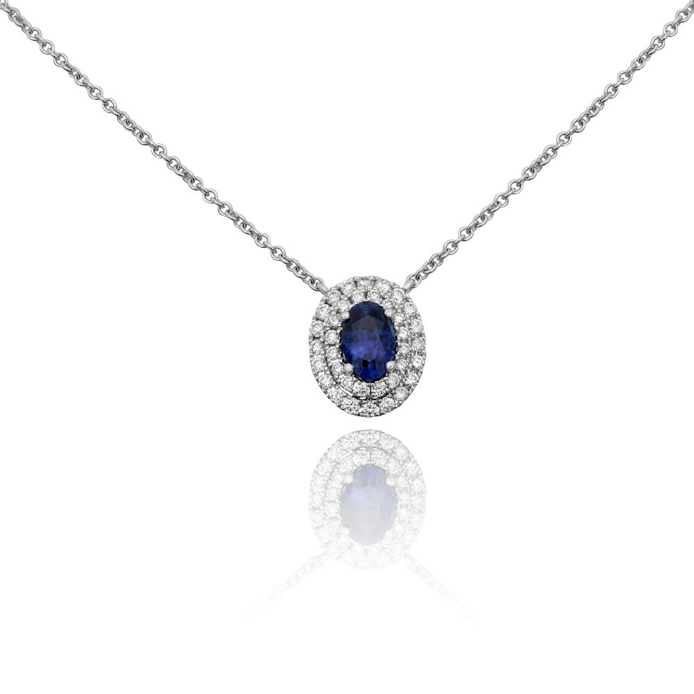 Oval Sapphire Double Halo Necklace