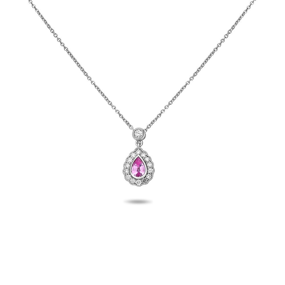 Pear-shaped Pink Sapphire Halo Necklace